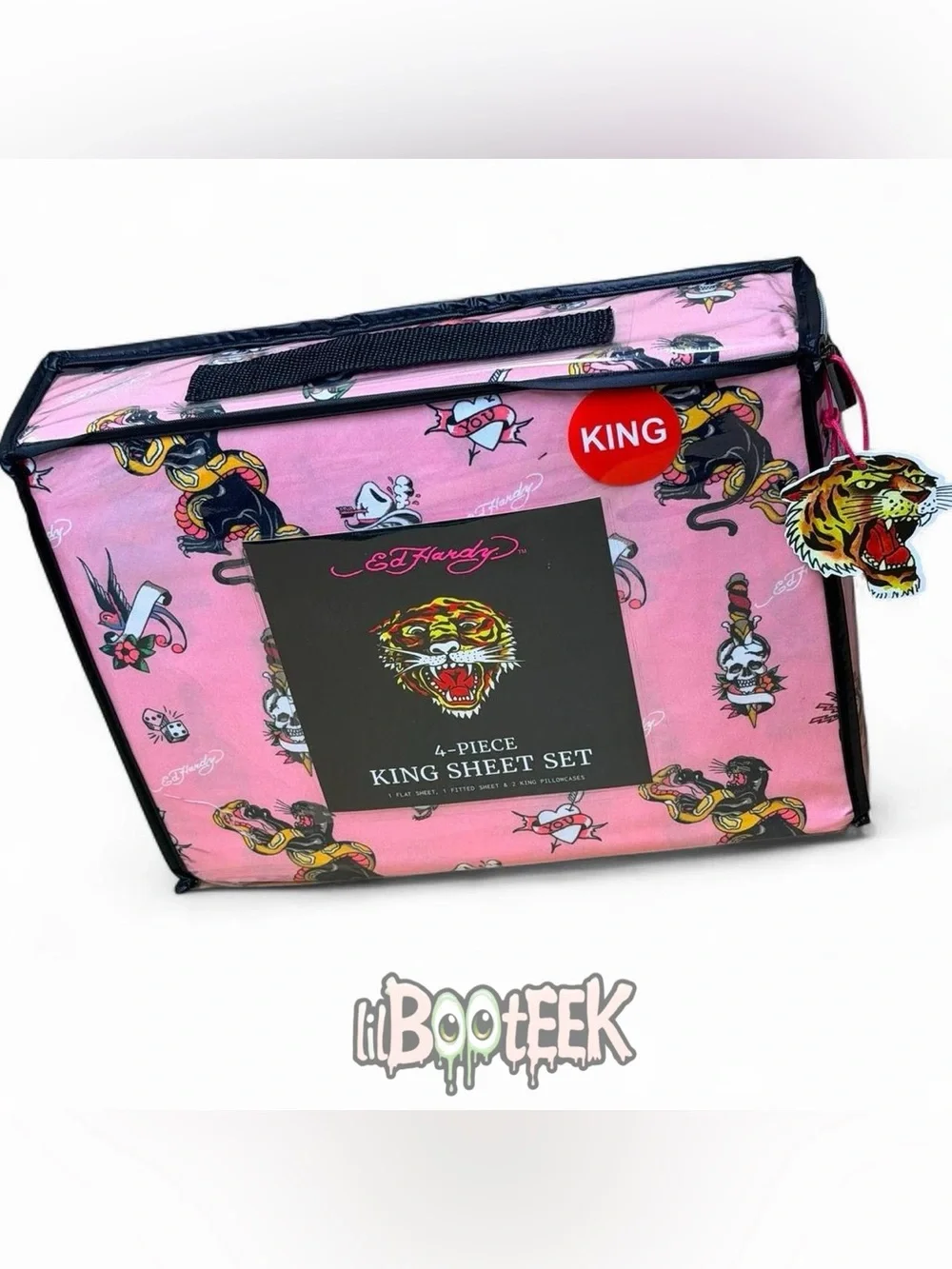 Ed Hardy 4 Piece King Size Sheet Set Pink Flash Tattoo Print NEW VIRAL Y2K